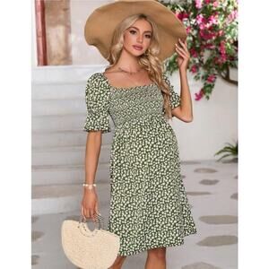Women's Maternity Floral Square Neck A Line short dress, Green- XL NEW